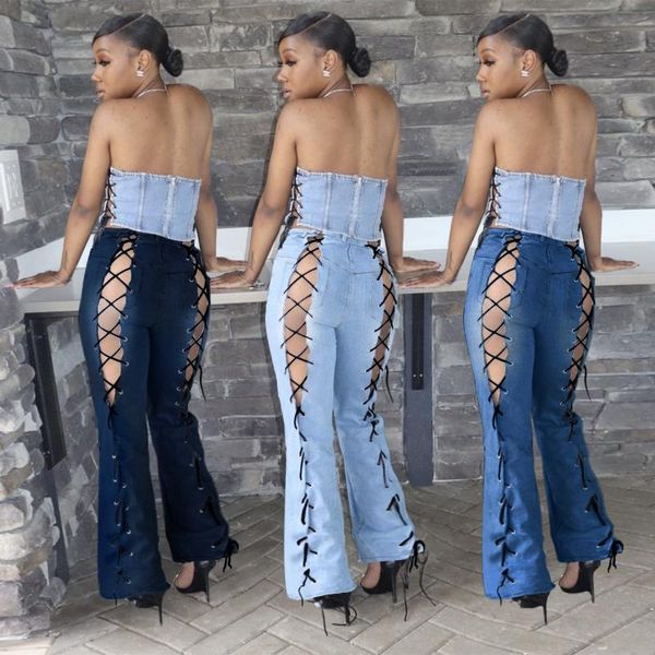 women's jeans casual women pants flare cross bandage streetwear has stretch autumn clothes for outfit, Blue
women's jeans casual women pants flare cross bandage streetwear has stretch autumn clothes for outfit, Blue