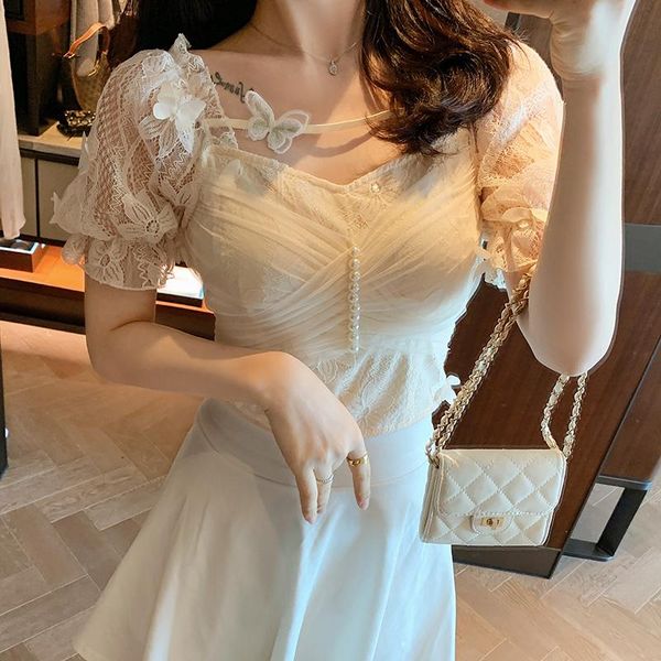 women's blouses & shirts 2021 summer puff sleeve lace women shirt fashion chic back bow blouse ladies slim beaded female, White
women's blouses & shirts 2021 summer puff sleeve lace women shirt fashion chic back bow blouse ladies slim beaded female, White