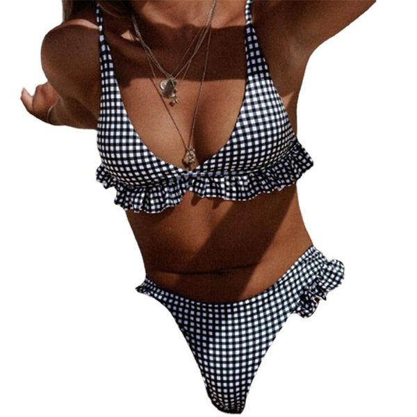 women's swimwear bikini 2021 women plaid swimsuit set bathing suit ruffle two piece beachwear swimming, White;black
women's swimwear bikini 2021 women plaid swimsuit set bathing suit ruffle two piece beachwear swimming, White;black