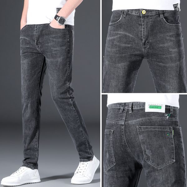 8913 men's grey jeans Korean fashion trend mid waist elastic small leg long pants, Blue