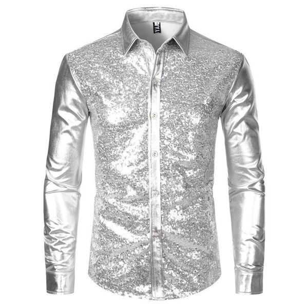 men's casual shirts silver metallic sequins glitter shirt men 2021 70's disco party halloween costume chemise homme stage performa, White;black
men's casual shirts silver metallic sequins glitter shirt men 2021 70's disco party halloween costume chemise homme stage performa, White;black