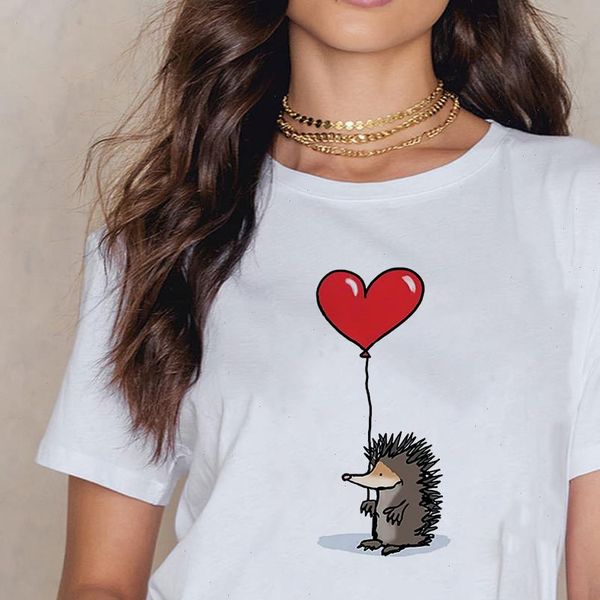 t shirt female womens hedgehog with heart pattern ballon loose summer tee easy matching round, White
t shirt female womens hedgehog with heart pattern ballon loose summer tee easy matching round, White