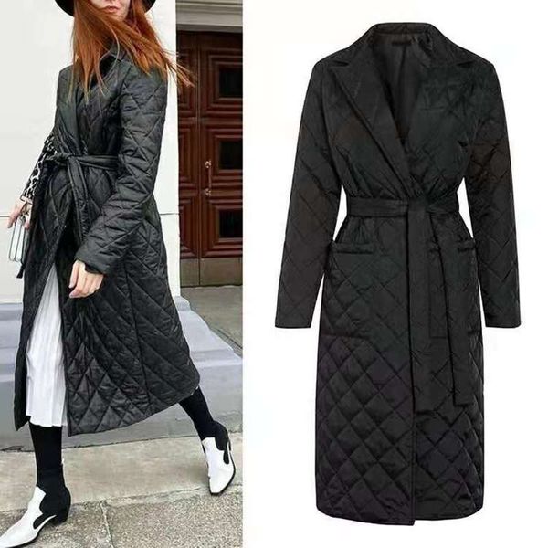 long straight winter coat with rhombus pattern casual sashes women parkas deep pockets tailored collar stylish outerwear, Black
long straight winter coat with rhombus pattern casual sashes women parkas deep pockets tailored collar stylish outerwear, Black