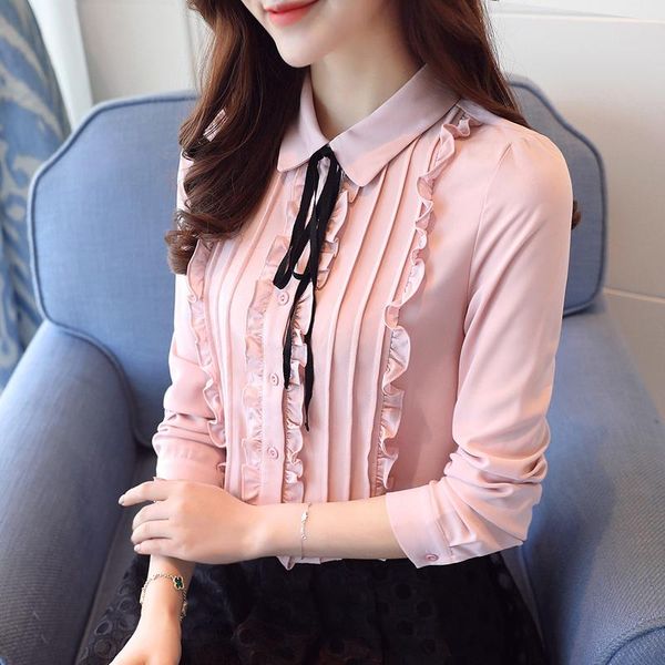 women's blouses & shirts korean style ruffles blouse women bow tie blue pink chiffon turn-down collar long sleeve plus size clothing, White
women's blouses & shirts korean style ruffles blouse women bow tie blue pink chiffon turn-down collar long sleeve plus size clothing, White