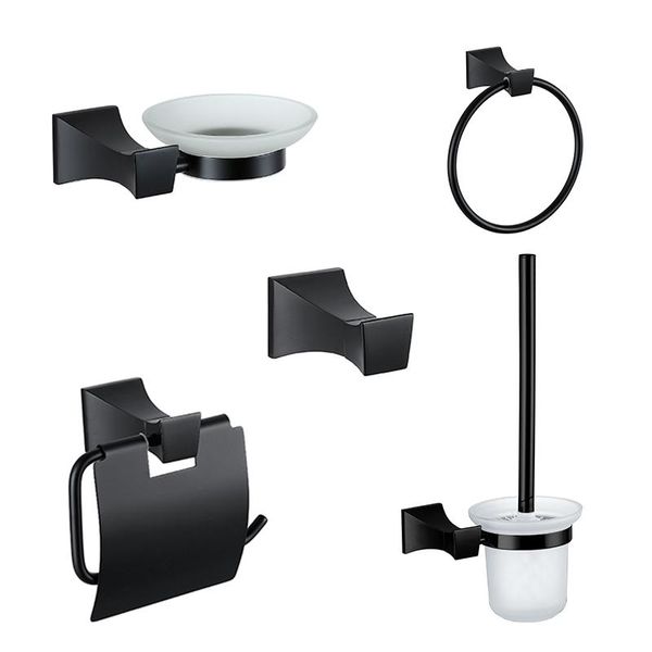 stainless steel bathroom accessories, glass soap dish, bathrobe hook, paper holder, towel ring, toilet brush, matte black bath accessory set
stainless steel bathroom accessories, glass soap dish, bathrobe hook, paper holder, towel ring, toilet brush, matte black bath accessory set
