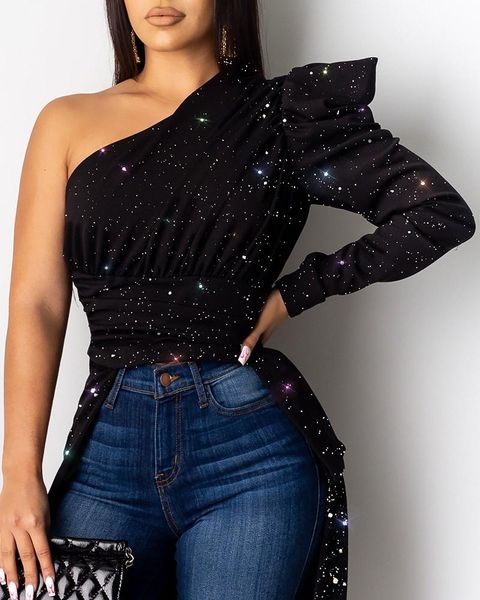 women's blouses & shirts glitter one shoulder asymmetrical long sleeve blouse women skew collar clubwear, White
women's blouses & shirts glitter one shoulder asymmetrical long sleeve blouse women skew collar clubwear, White