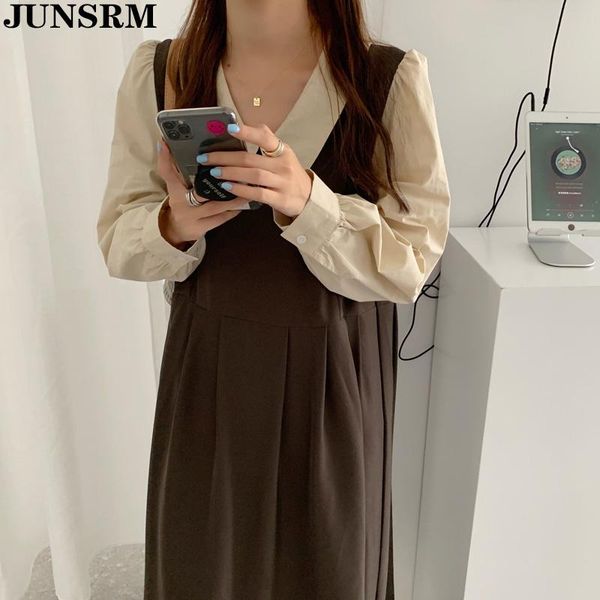 one piece women dress vintage 2021 spring autumn korean turn-down collar midi dresses female loose long sleeve stitching vestido casual, Black;gray
one piece women dress vintage 2021 spring autumn korean turn-down collar midi dresses female loose long sleeve stitching vestido casual, Black;gray