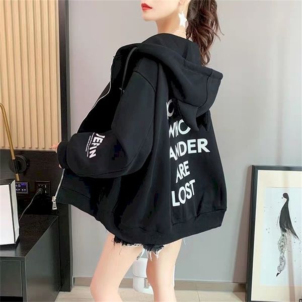 women's hoodies all-match plus velvet coat loose autumn winter clothes lazy style zipper harajuku oversized long sleeve 210809, Black
women's hoodies all-match plus velvet coat loose autumn winter clothes lazy style zipper harajuku oversized long sleeve 210809, Black