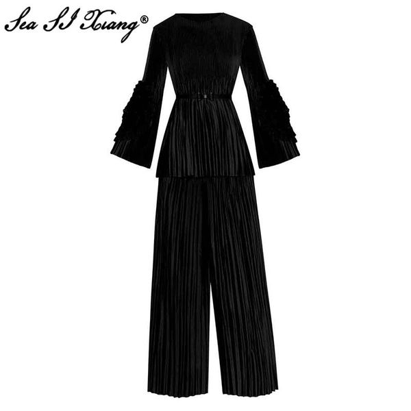 women's two piece pants seasixiang fashion autumn suit women o-neck beading ruffles flare sleeve elastic waist wide leg pleated two-pie, White
women's two piece pants seasixiang fashion autumn suit women o-neck beading ruffles flare sleeve elastic waist wide leg pleated two-pie, White