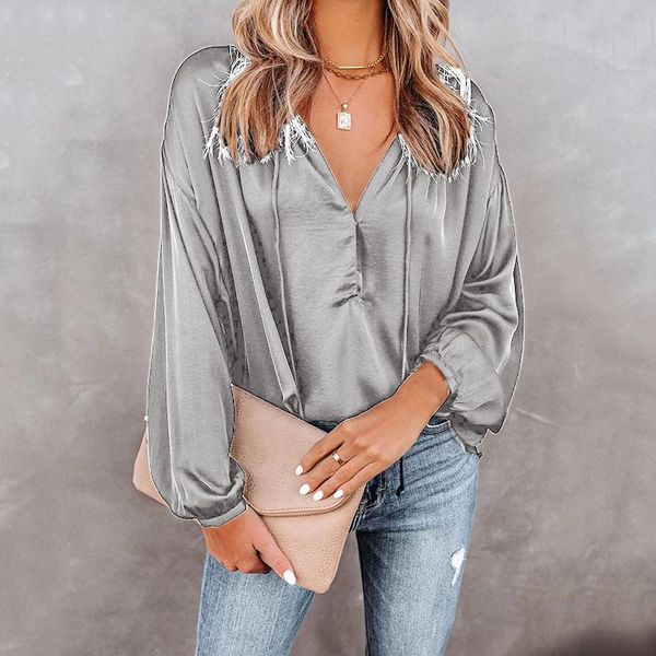 women's blouses & shirts spring and summer solid color v-neck flared long-sleeved casual ladies shirt women fashion, White
women's blouses & shirts spring and summer solid color v-neck flared long-sleeved casual ladies shirt women fashion, White