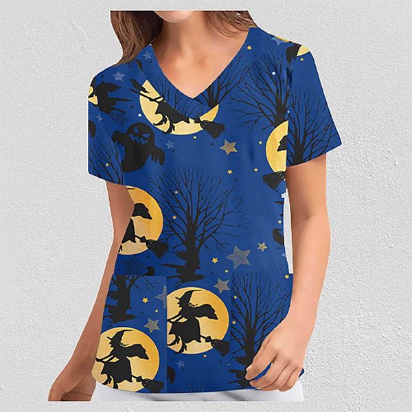 digital print halloween short sleeve protective overalls top, White 
digital print halloween short sleeve protective overalls top, White