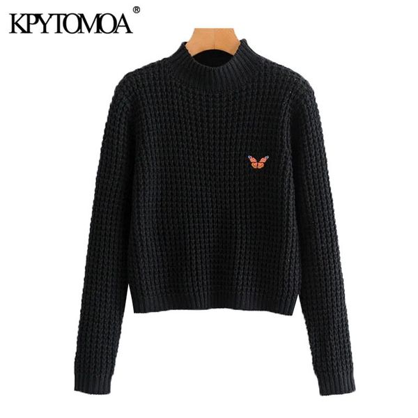 women fashion with embroidery cropped knitted sweater vintage high neck long sleeve female pullovers chic 210416, White;black
women fashion with embroidery cropped knitted sweater vintage high neck long sleeve female pullovers chic 210416, White;black
