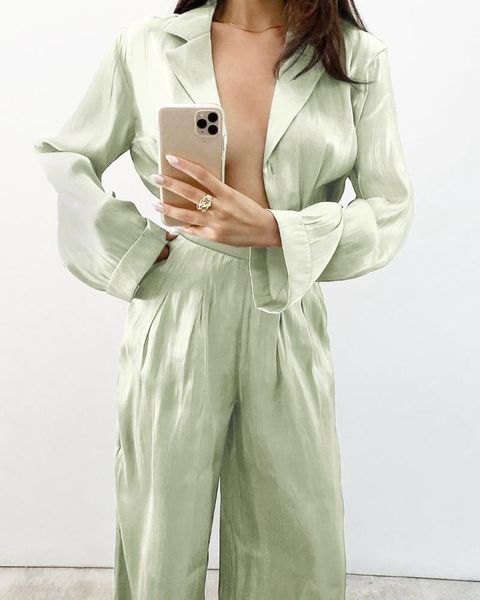 women's two piece pants long sleeves blouse women shirt high waist wide leg female elegant loose pieces sleepping suit, White
women's two piece pants long sleeves blouse women shirt high waist wide leg female elegant loose pieces sleepping suit, White