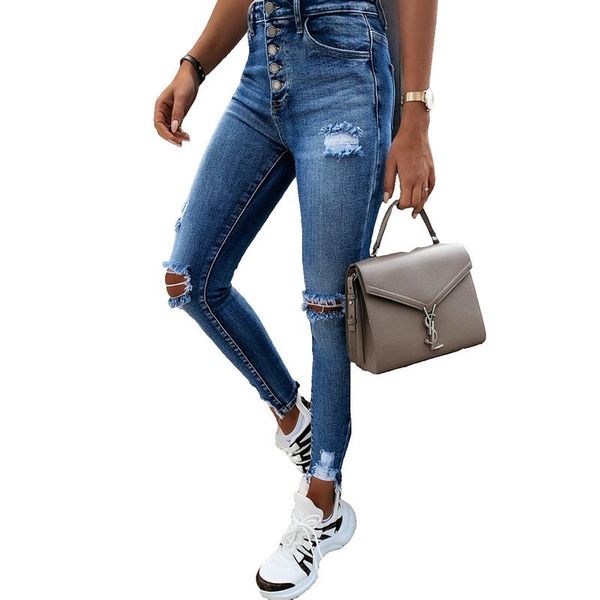 autumn winter casual fashion trousers small foot pencil hole high waist women's jeans, Blue
autumn winter casual fashion trousers small foot pencil hole high waist women's jeans, Blue