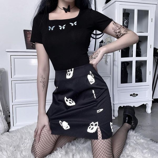 skirts reflective butterfly printed high waist split female women punk style a-line mini party fashion girls gothic skirt, Black