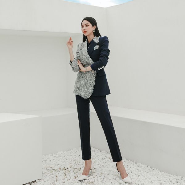 spring autumn women's pantsuit korean clothes elegant 2 piece set double breasted blazer woolen spliting jacket high waist pants 210514, White;black
spring autumn women's pantsuit korean clothes elegant 2 piece set double breasted blazer woolen spliting jacket high waist pants 210514, White;black