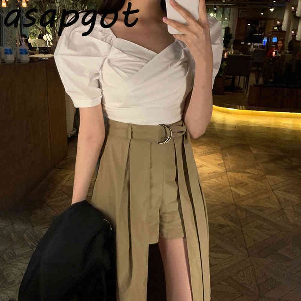 summer v neck puff short sleeve white blouse shirts high waist khaki irregular skirt s streetwear retro casual 210429
summer v neck puff short sleeve white blouse shirts high waist khaki irregular skirt s streetwear retro casual 210429