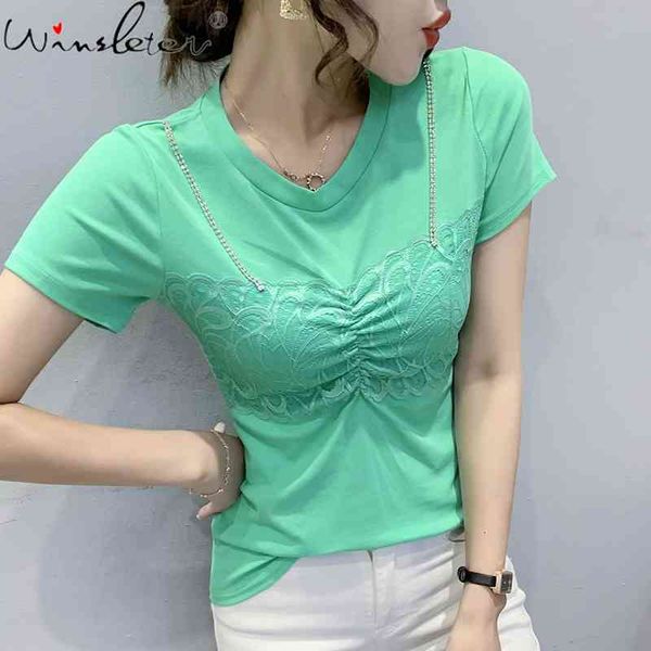 women's t-shirt summer european style cotton fashion fake two pieces spliced lace shiny chain women short sleeve tees t1, White
women's t-shirt summer european style cotton fashion fake two pieces spliced lace shiny chain women short sleeve tees t1, White