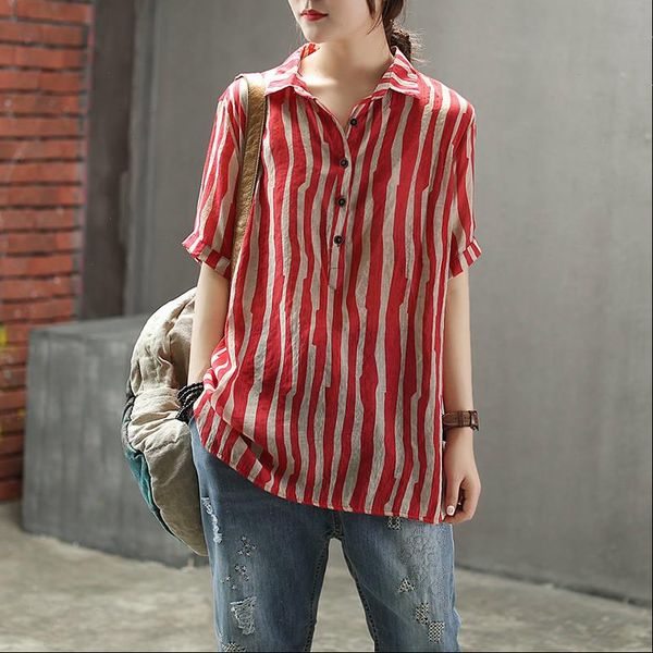style summer plus size women blouses short sleeve loose casual striped cotton linen vintage female blouse d4, White
style summer plus size women blouses short sleeve loose casual striped cotton linen vintage female blouse d4, White