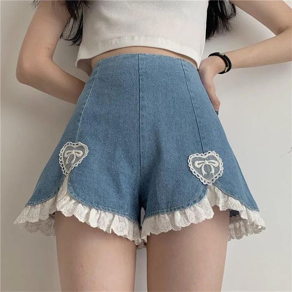 women's shorts denim sweet high waist lace irregular s-4xl summer blue, White;black 
women's shorts denim sweet high waist lace irregular s-4xl summer blue, White;black