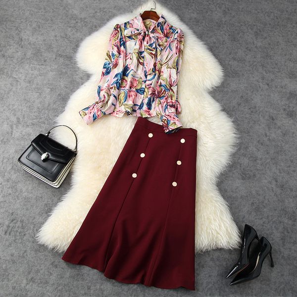 two piece dress european and american women's wear autumn style long - sleeved bow print shirt button skirt fashion suits p889, White
two piece dress european and american women's wear autumn style long - sleeved bow print shirt button skirt fashion suits p889, White