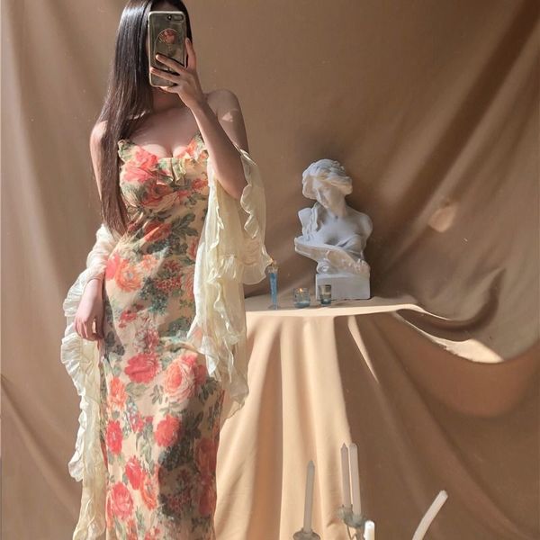 french sweet vintage floral dress casual spaghetti strap beach female summer office lady party vestidos 210510, Black;gray
french sweet vintage floral dress casual spaghetti strap beach female summer office lady party vestidos 210510, Black;gray