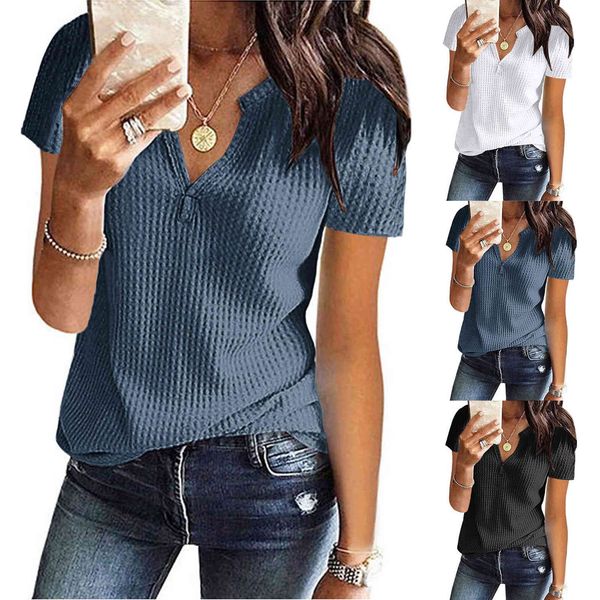 2021 new solid short sleeve v-neck waffle women's t-shirt, White
2021 new solid short sleeve v-neck waffle women's t-shirt, White