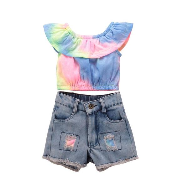 clothing sets girl's 2pcs clothes set, sleeveless ruffled boat neck colorful short with ripped jeans for summer, White
clothing sets girl's 2pcs clothes set, sleeveless ruffled boat neck colorful short with ripped jeans for summer, White