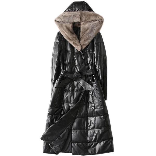 women's leather & faux winter fashion stripe genuine padded jacket real sheepskin long coats hooded warm jackets for women, Black
women's leather & faux winter fashion stripe genuine padded jacket real sheepskin long coats hooded warm jackets for women, Black