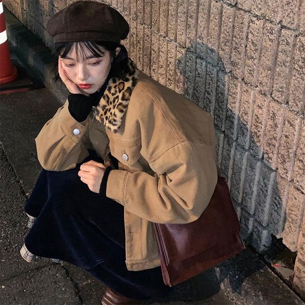 women's jackets net red retro leopard print plus velvet thick denim short jacket female korean version loose stitching 2021 winter, Black;brown
women's jackets net red retro leopard print plus velvet thick denim short jacket female korean version loose stitching 2021 winter, Black;brown