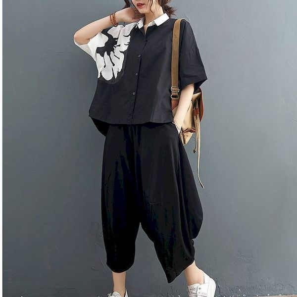 women's t-shirt summer womens suit printing fashion cotton casual short-sleeved shirt loose wide-leg pants two piece set oversized, White
women's t-shirt summer womens suit printing fashion cotton casual short-sleeved shirt loose wide-leg pants two piece set oversized, White