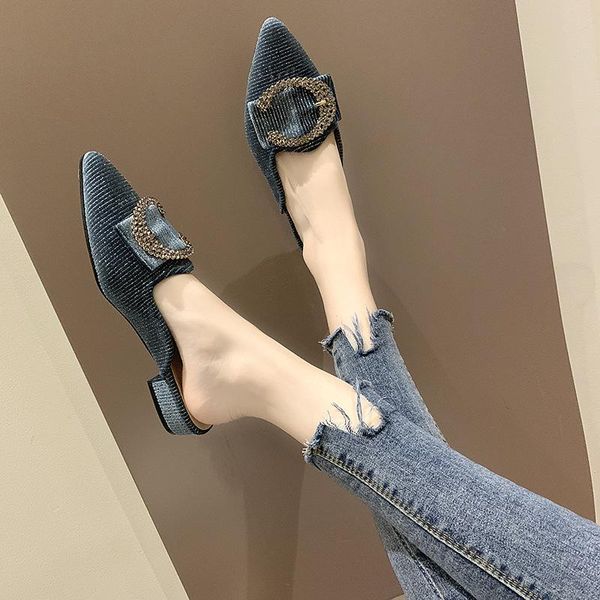 cool slippers female out wear 2021 rhinestone button lazy baotou low heel thick pointed muller shoes women slides, Black 
cool slippers female out wear 2021 rhinestone button lazy baotou low heel thick pointed muller shoes women slides, Black