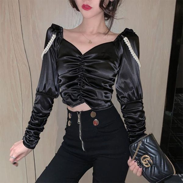 women's blouses & shirts pearl design v-neck blouse women elegant puff long sleeve harajuku pullover office ladeis satin folds shirt, White
women's blouses & shirts pearl design v-neck blouse women elegant puff long sleeve harajuku pullover office ladeis satin folds shirt, White
