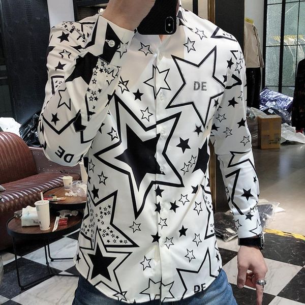 men's casual shirts star print vintage shirt chemise homme long sleeve camisa masculina slim fit men flower party club dress, White;black
men's casual shirts star print vintage shirt chemise homme long sleeve camisa masculina slim fit men flower party club dress, White;black