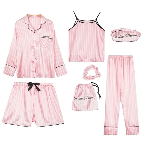 pink women's 7 pieces pajamas sets faux silk striped pyjama women sleepwear sets spring summer autumn homewear 210924, Black;red
pink women's 7 pieces pajamas sets faux silk striped pyjama women sleepwear sets spring summer autumn homewear 210924, Black;red