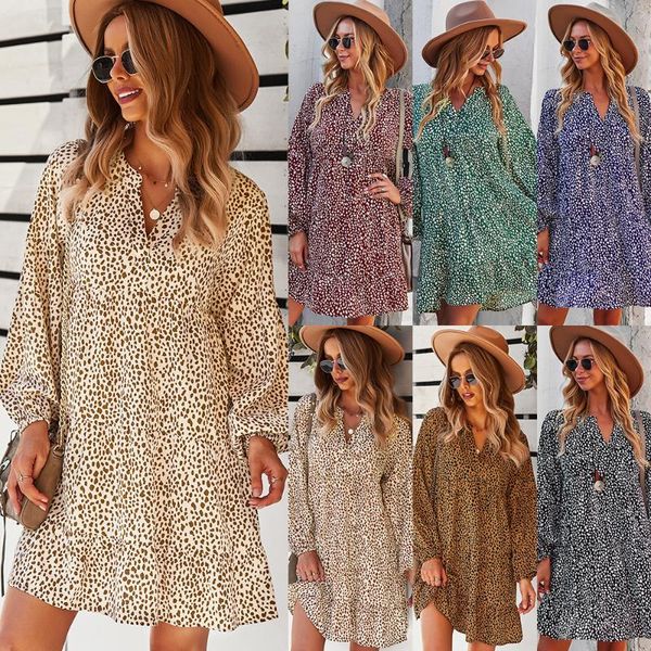 casual dresses women dress 2021 autumn and winter loose leopard print long sleeve holiday boho vestidos, Black;gray
