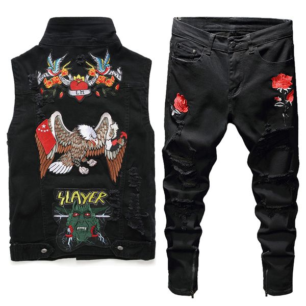 black slim tracksuit summer embroidered rose men's 2pcs pant sets fashion stretch lapel denim vest and jeans, Gray
black slim tracksuit summer embroidered rose men's 2pcs pant sets fashion stretch lapel denim vest and jeans, Gray