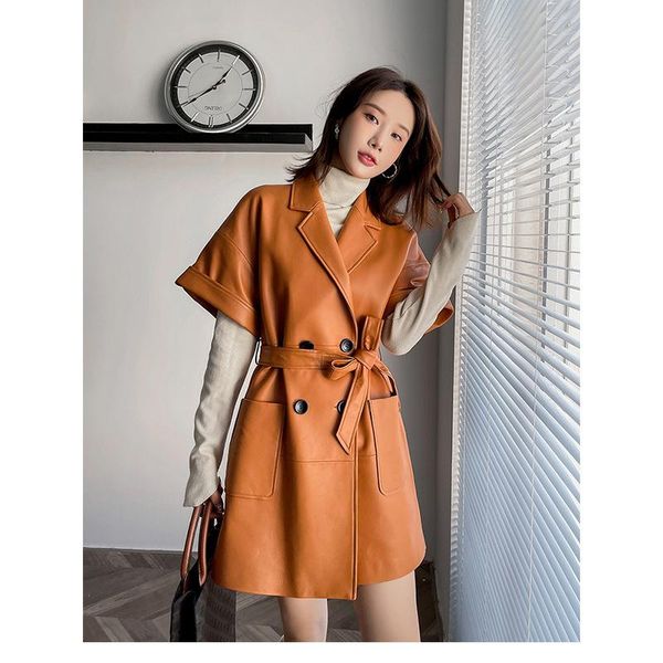 women's leather & faux sheep mid-length double breasted trench coat suit fall silhouette loose genuine jacket, Black
women's leather & faux sheep mid-length double breasted trench coat suit fall silhouette loose genuine jacket, Black