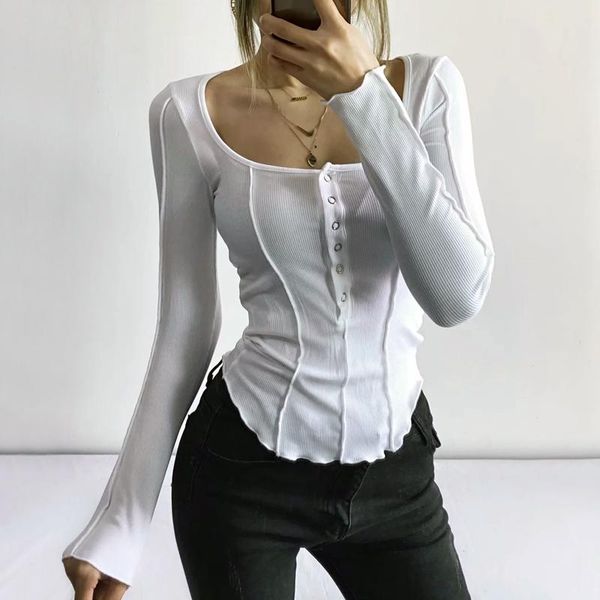 women exposed seams long sleeve curved hem fitted t-shirt with button detail women's, White
women exposed seams long sleeve curved hem fitted t-shirt with button detail women's, White