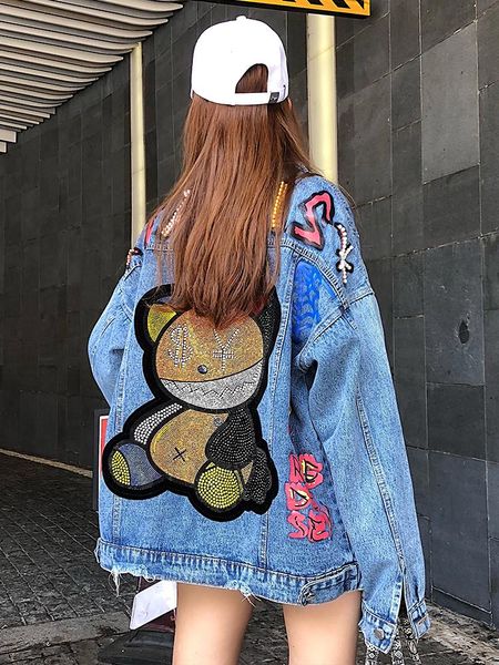 women's jackets spring autumn women outwear 2021 mid-long bf wind cartoon drilling beading letter denim jacket loose casual streetwear, Black;brown
women's jackets spring autumn women outwear 2021 mid-long bf wind cartoon drilling beading letter denim jacket loose casual streetwear, Black;brown