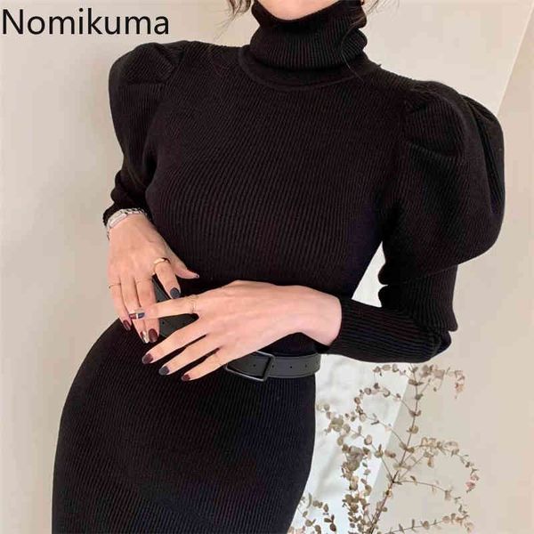 nomikuma korean elegant turtleneck knitted dresses slim puff long sleeve sweater dress belt slim waist bodycorn vestidos 6c487 210427, Black;gray