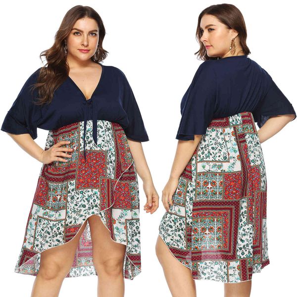 women's plus size large deep v knot irregular bat sleeve waist stitching print 11023
women's plus size large deep v knot irregular bat sleeve waist stitching print 11023