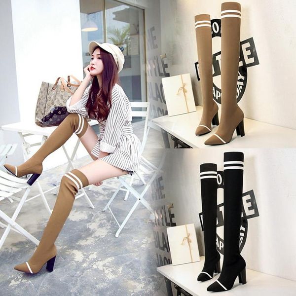 boots sharp wool thin overknee trend heel high, Black