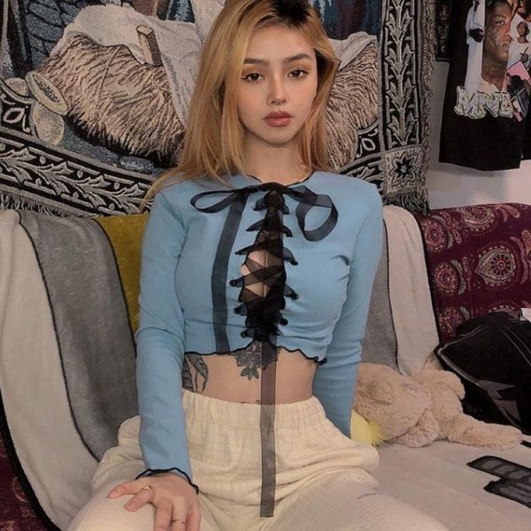 women's t-shirt summer 2021 patchwork long sleeve crop women party clubwear hollow out lace-up bodycon bandage front, White
women's t-shirt summer 2021 patchwork long sleeve crop women party clubwear hollow out lace-up bodycon bandage front, White