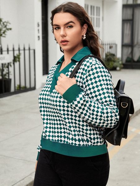plus checker print notched neck sweatshirt h8bz#, Black
plus checker print notched neck sweatshirt h8bz#, Black