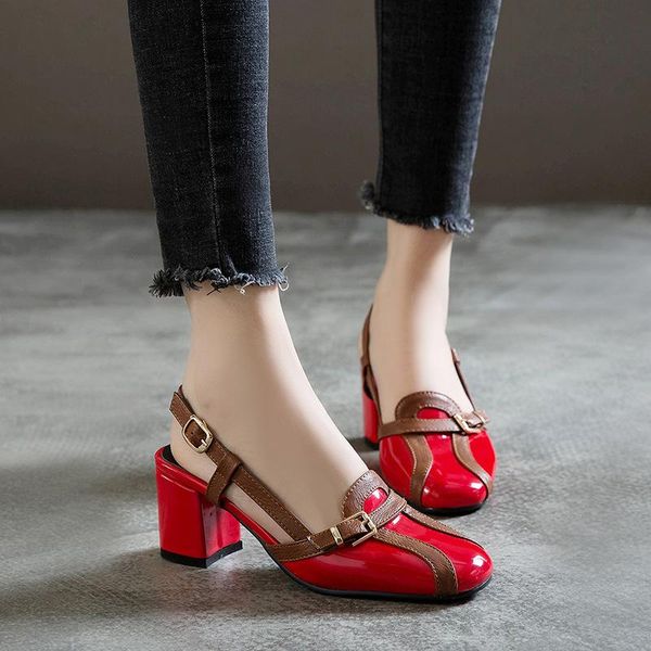 women's shoes splicing baotou hou patent leather color matching high heels sandals thick heel luxury nude plus size 43, Black
women's shoes splicing baotou hou patent leather color matching high heels sandals thick heel luxury nude plus size 43, Black