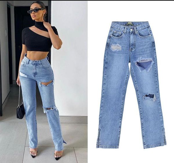 women's jeans summer streetwear ripped straight high waist casual slim split long denim pants chic trousers, Blue
women's jeans summer streetwear ripped straight high waist casual slim split long denim pants chic trousers, Blue