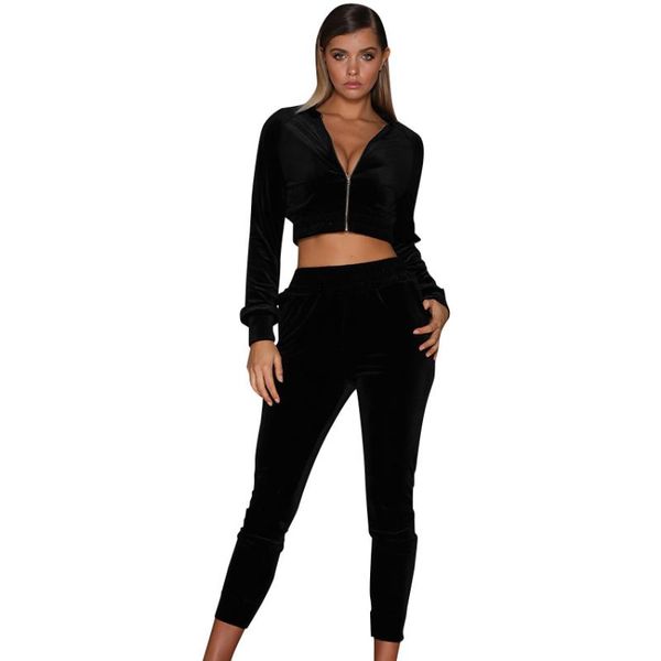 women's two piece pants autumn/winter 2021 casual velvet crop zipper tight pantsuit, White