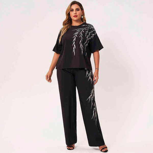 summer suits women black white bamboo leaves embroidery o-neck short sleeve loose t-shirt casual trouser 2 piece sets 211118
summer suits women black white bamboo leaves embroidery o-neck short sleeve loose t-shirt casual trouser 2 piece sets 211118