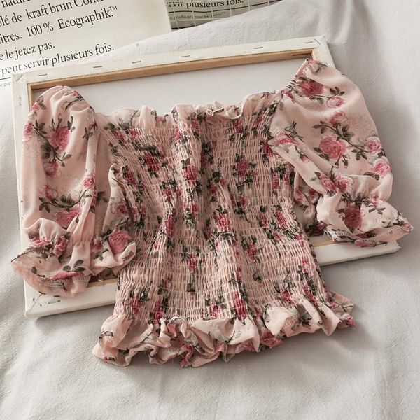 women's blouses & shirts chic ruffles boho beach blouse shirt 2021 summer flower print short chiffon ruched slim ladies crop, White 
women's blouses & shirts chic ruffles boho beach blouse shirt 2021 summer flower print short chiffon ruched slim ladies crop, White